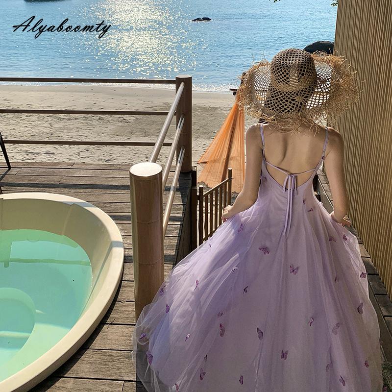2026 New Fairycore Summer Women Romantic Midi Dress Spaghetti Strap Sweet Holiday Dress Sleeveless Butterfly Mesh Feminine Dress
