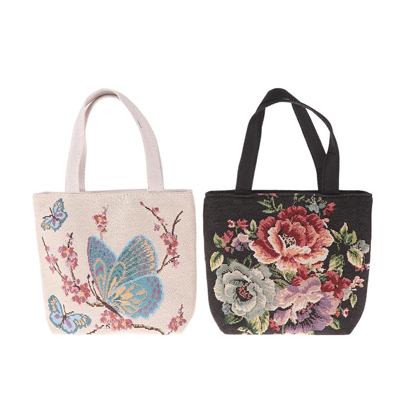 Embroidery Canvas Bag Cute Butterfly Rabbit Peony Tote Bag Small Shoulder Traveling Pouch Handbag Grocery Storage Bag