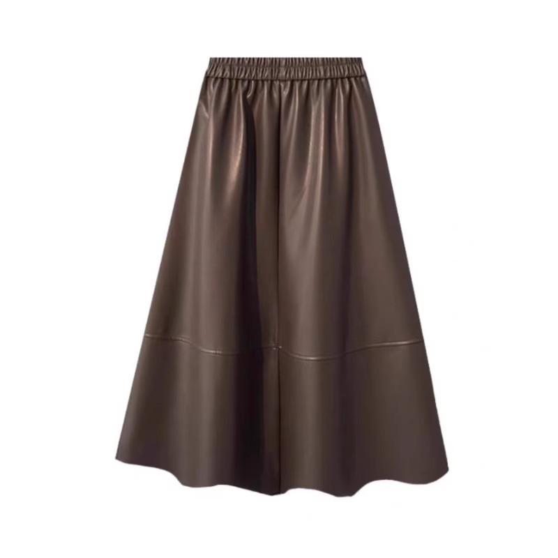 High-Waisted Coffee PU Leather A-Line Skirt - Autumn/Winter 2025 Mid-Length Slimming Pencil Design