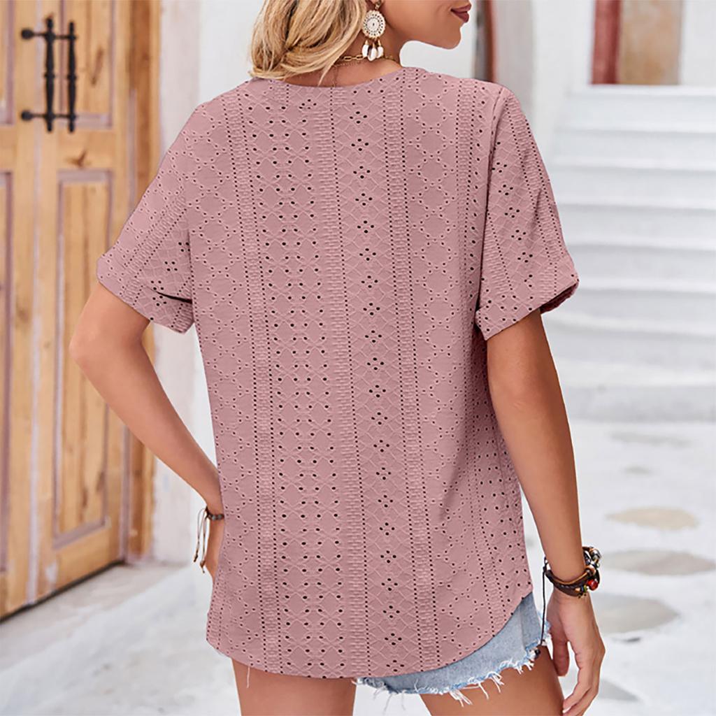 Women's Casual V-Neck Rolled Button Short Sleeve T-Shirt Top