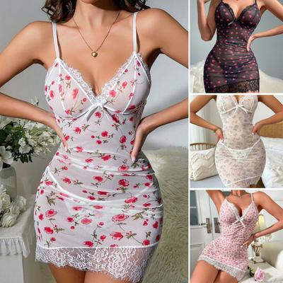 Women's See Through Lace Cami Nightgown V Neck Full Slip Chemise Nightdress Sexy Sheer Bodydoll Sleepwear with Thong