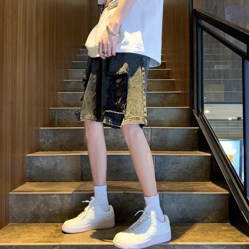 Děrované růžové džínové šortky Letní tenké Americké High Street Pět čtvrteční kalhoty Trendy značkové Volné Středně dlouhé kalhoty Ležérní kalhoty