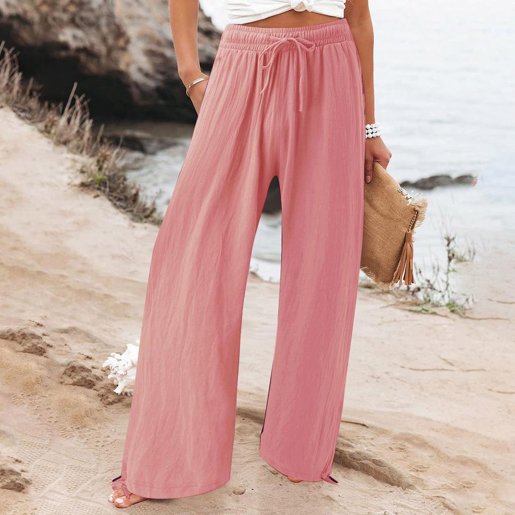 Women's Casual Fashion Color Elastic Waistband Pocket Wide-Leg Straight-Leg Pants