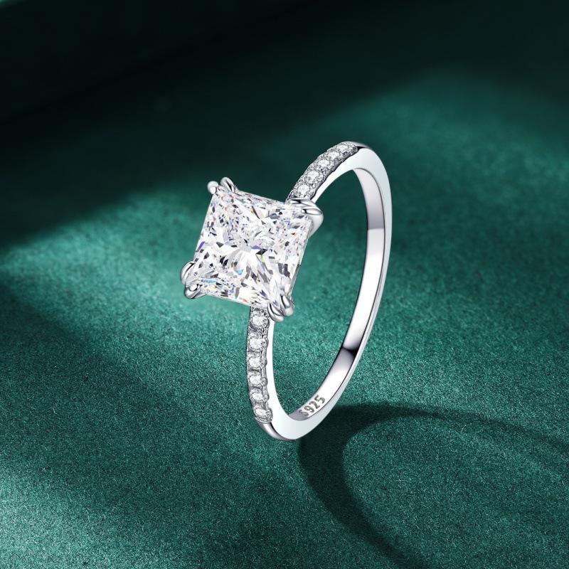 18K White Gold Plated S925 Sterling Silver Ring with Square Zirconia - Simple European & American Fashion Engagement Ring
