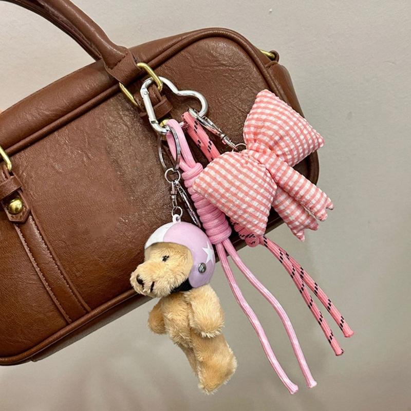 Stylish Plush Helmet Bear Keychain with bowknot Keychain Perfect For Backpacks Luggage Fashionable Daily Companion