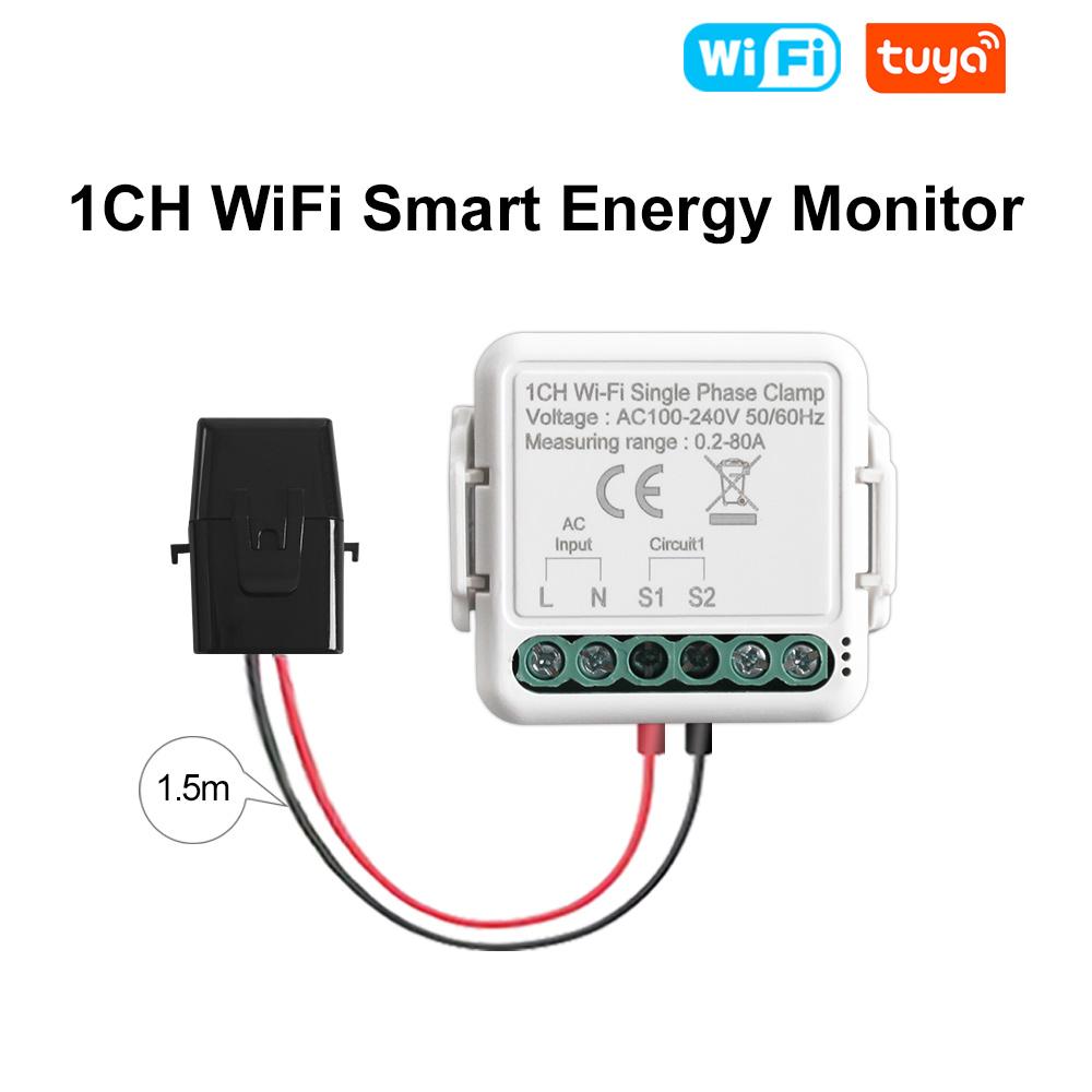 Умный Wi-Fi счетчик энергии Tuya для солнечной фотоэлектрической системы, измерение производства и потребления энергии, двунаправленный мониторинг, 80А, AC100-240В, 50/60 Гц 1CH
