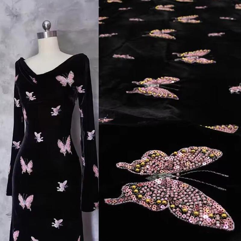 1/3/5Yards Floral Embroidery Colorful Beads Sequin Velvet Fabric for DIY Sewing Gowns Dress Cheongsam Clothing Accessories