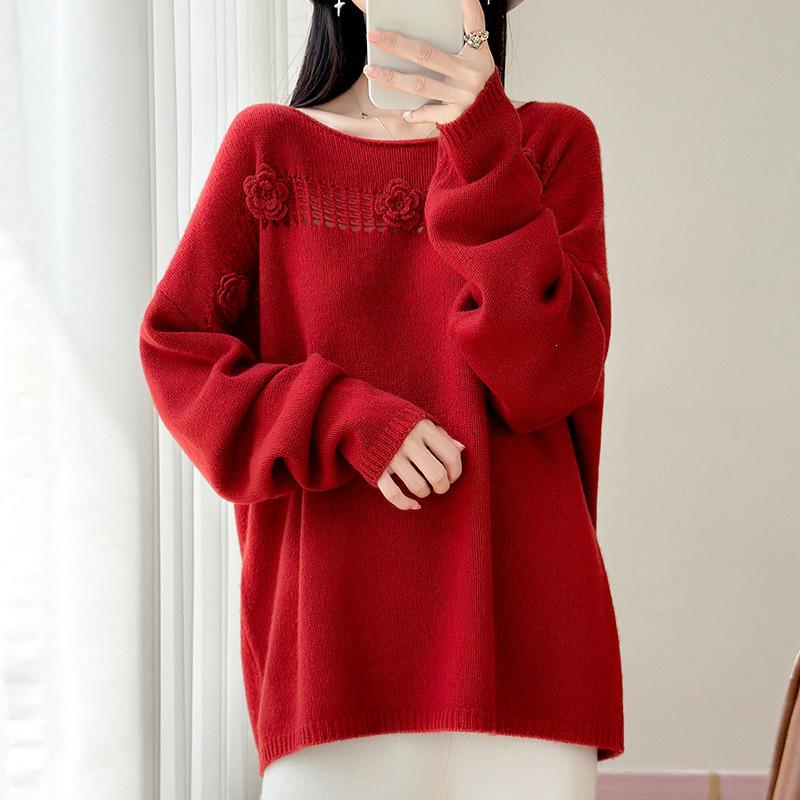 2026 Autumn/Winter Pure Wool One-Shoulder Knit Sweater with 3D Embroidery