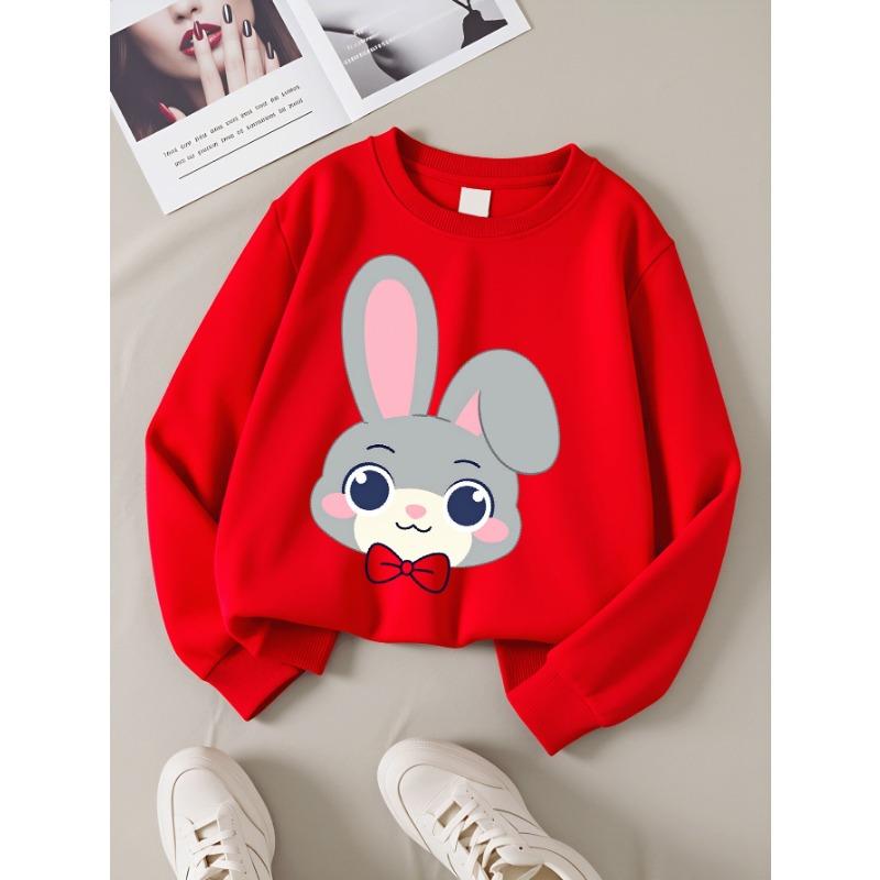 European sizes Girls' Round Neck Sweatshirt, Casual Printed Pullover, Cute Gray Bunny with Bow Tie, Autumn And Winter Warm Fashion Top.