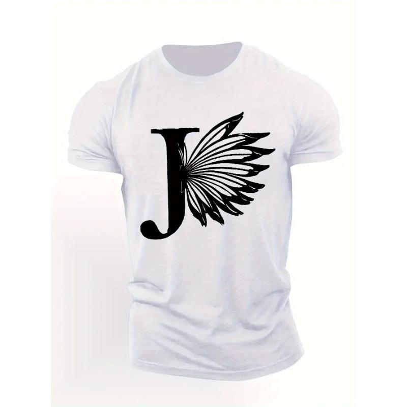 

European sizes Summer Geometric Butterfly Wing Capital Letter J Men S T-Shirt - Casual Crew Neck Tee with Slight Stretch 4XL білий