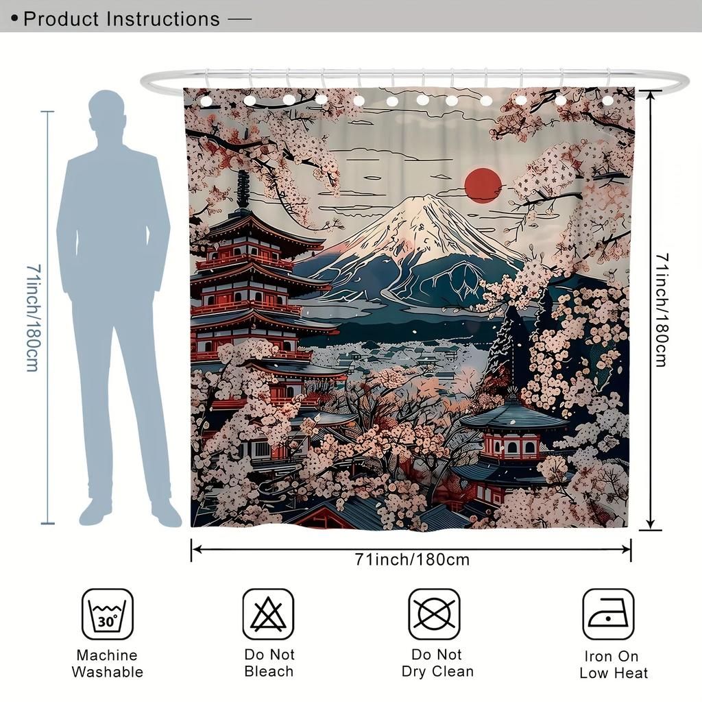 ~O~1pc Japanese Retro Shower Curtain - Cherry Blossom & Mountain Design, Red Sun Blue Pink Hues, Polyester ,  Machine Washable