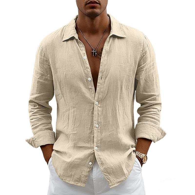 New Men's Solid Color Long Sleeve Shirt Linen Cotton Shirts Trend Plus-size Lapel Collar Casual Lightweight Beach Tops