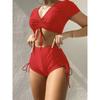 Sexy Drawstring Bikini Set Women Green Black Short Sleeve Two Piece Swimsuit Summer Bathing Suit Pleate High Waist Swimwear