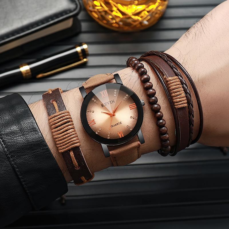 

No gift box; water diamond watch; vintage leather belt watch; trendy men s watch string of beads leather bracelet 4-piece коричневый