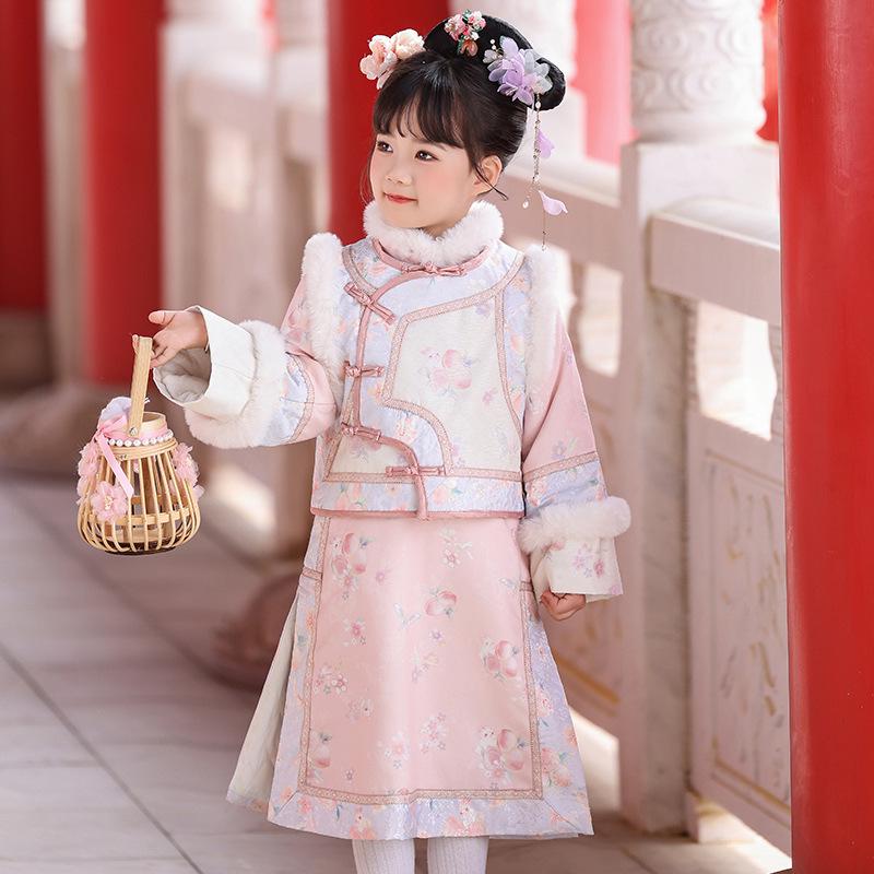 Pink Qing Dynasty Gege Costume for Girls: Autumn/Winter Thickened Baby Hanfu, Chinese Style Tang Suit, Manchu Ethnic Clothing.