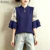 ZANZEA Women Casual Stand Collar Loose Splice 3/4 Sleeve Blouse