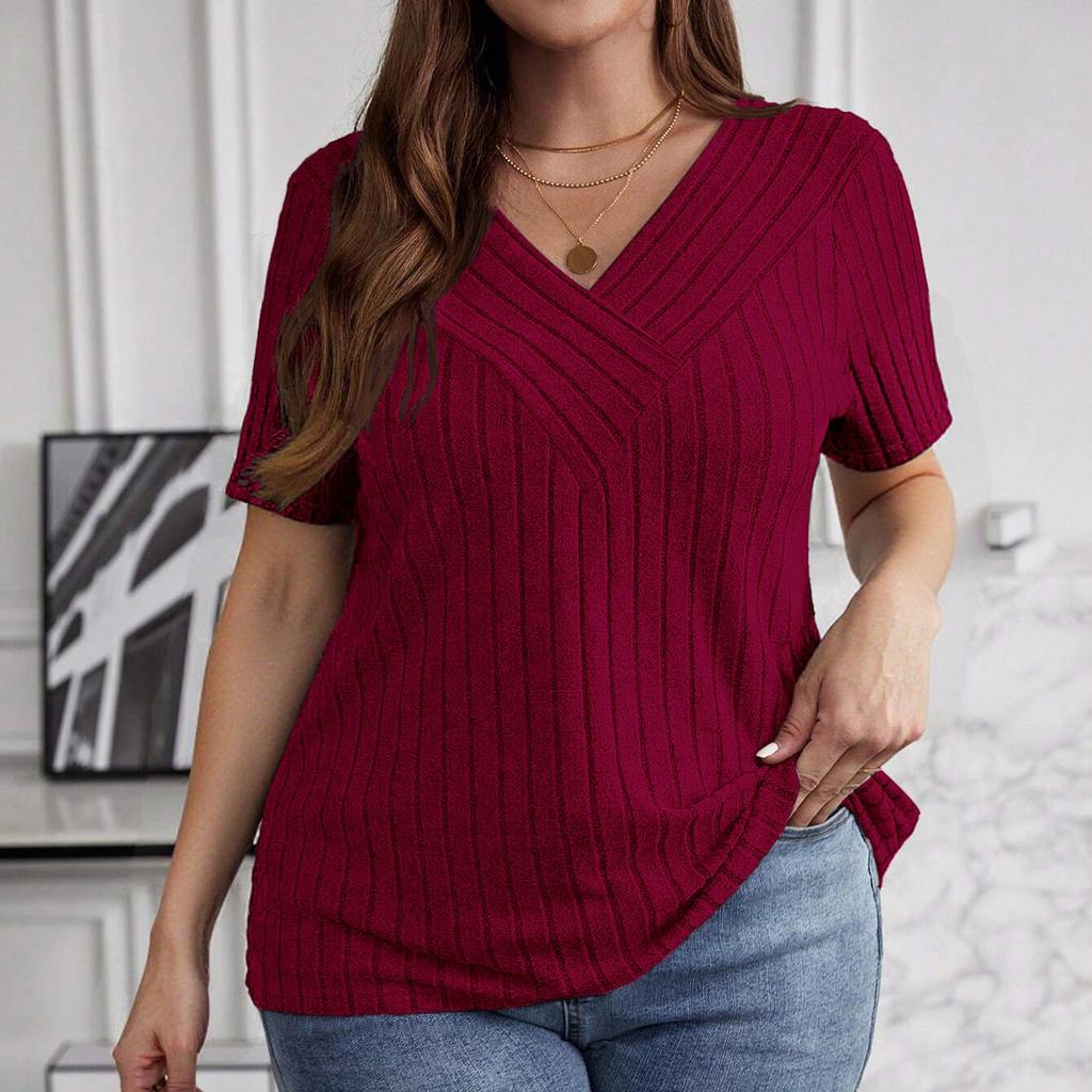 Women's Plus Size Casual And Fashionable V-Neck Long Sleeved Top V-Neck Short Sleeved Top
