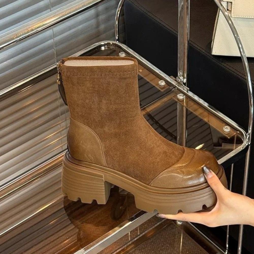 Women's Boots Vintage Platform Splicing Woman Ankle Boots Design Back Zippers Thick Sole Shoes  Autumn Short Botas Para Mujer