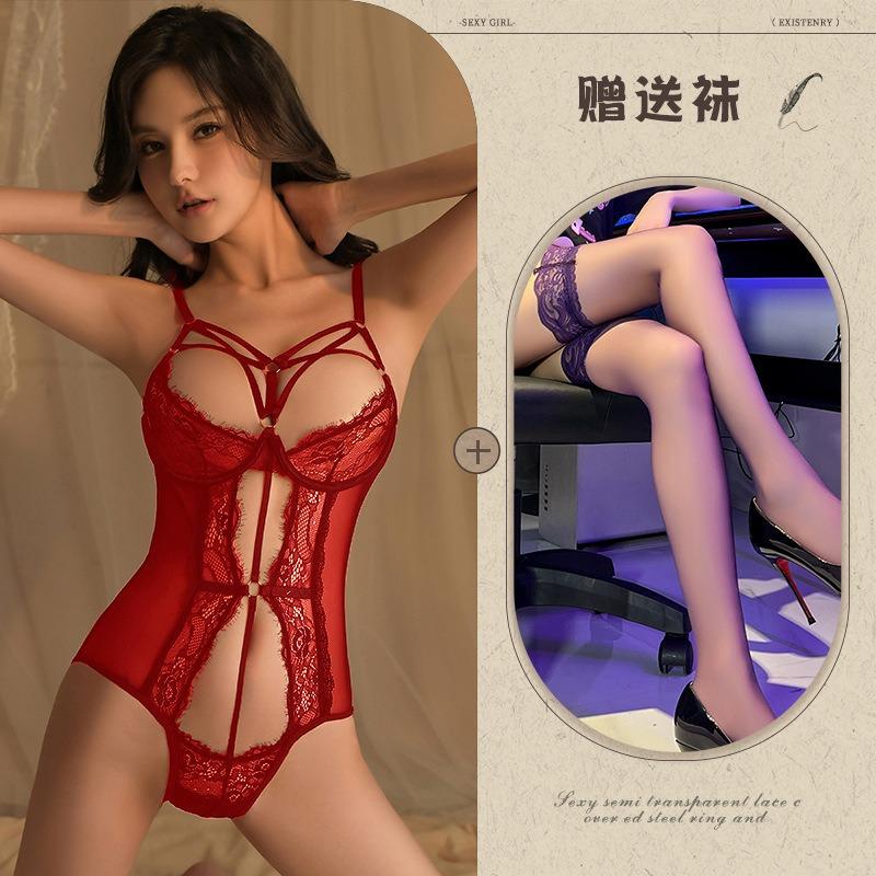 Night listening incense lingerie sexy lace temptation steel ring gathering onesie women's hot hollow open uniform
