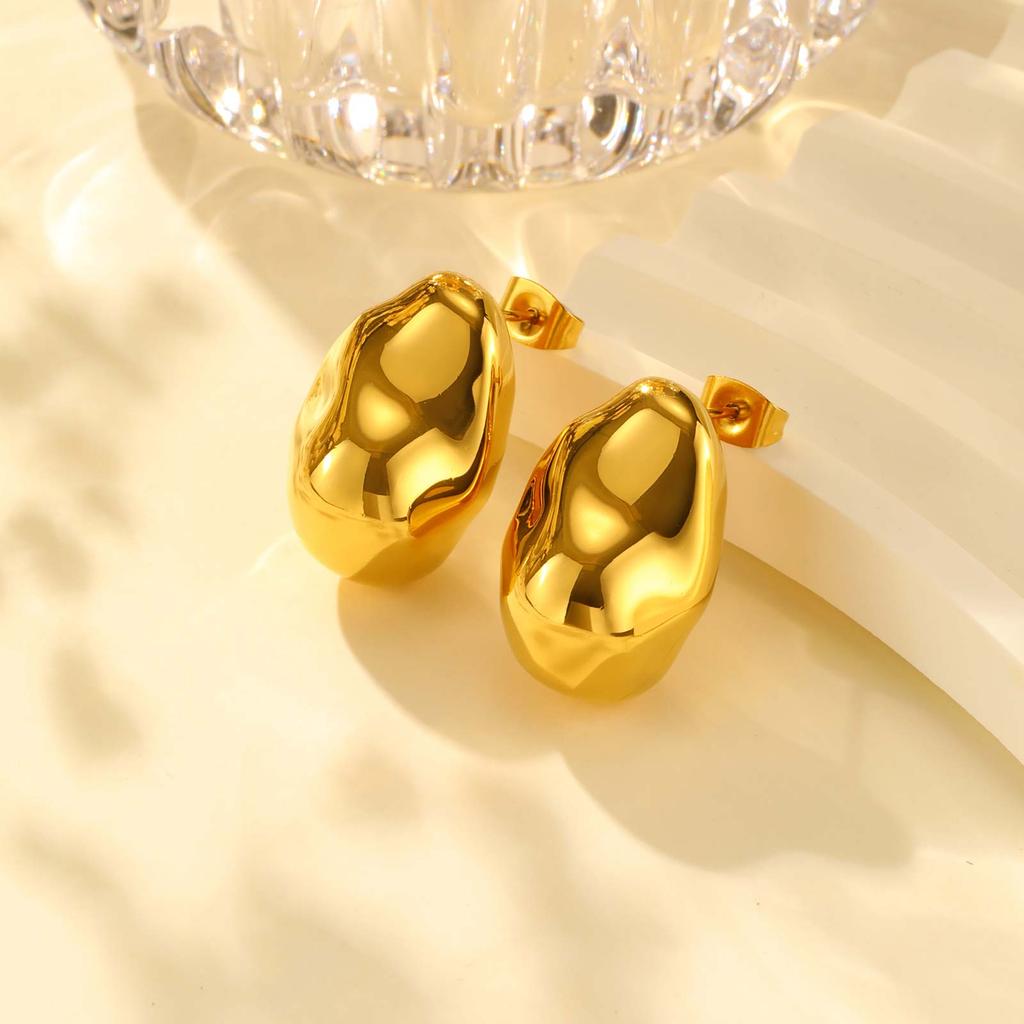 Vintage Oval Irregular Stainless Steel Stud Earrings for Women, Exaggerated Personality Design Gold Plated Earrings Jewelry