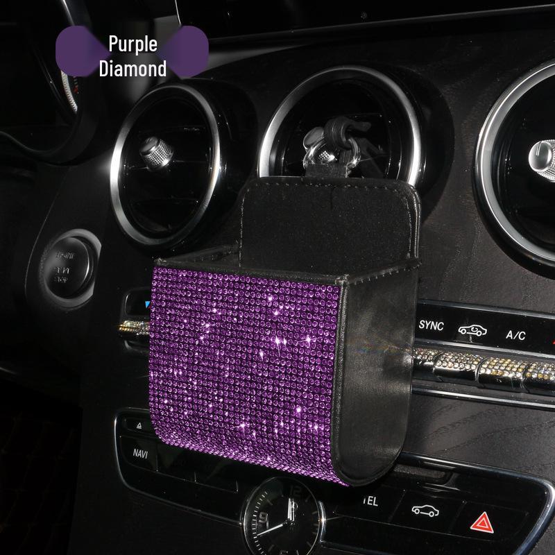Rhinestone Leather Car Air Vent Organizer Bag - Multifunctional Lambskin Storage Box
