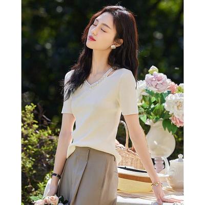 Women's French V-Neck Beaded Hollow-Out Knit Top