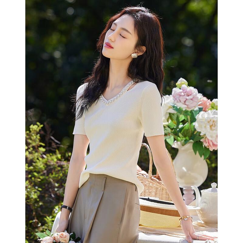 Women s French V-Neck Beaded Hollow-Out Knit Top M