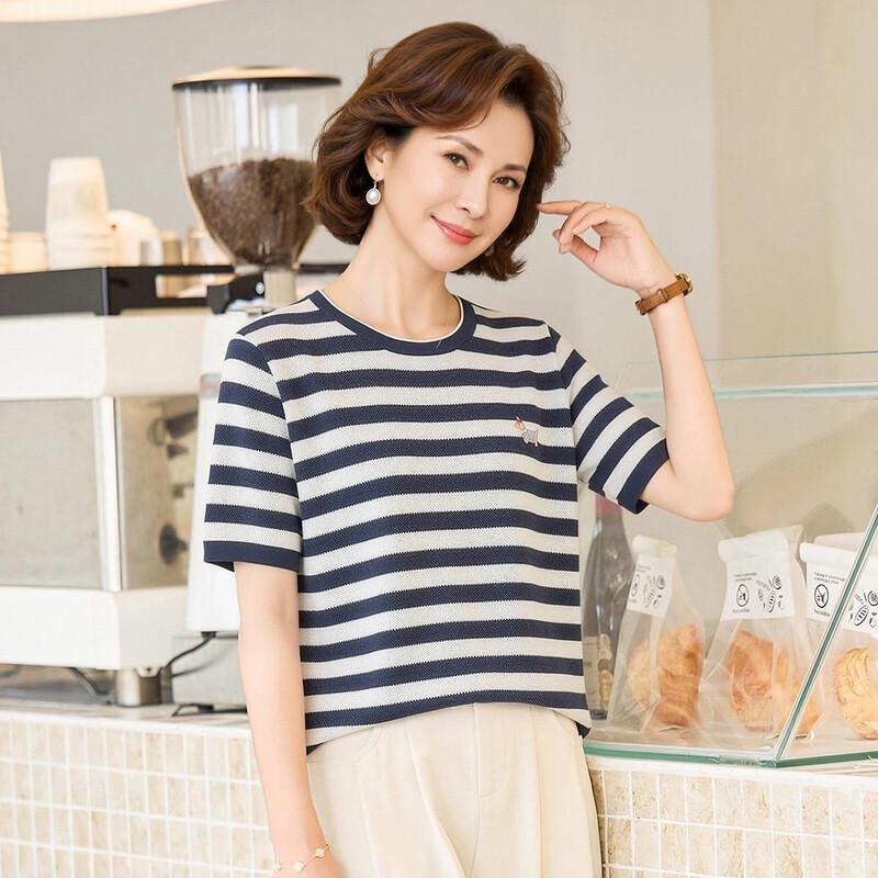 

Women s Merino Blend Striped Short Sleeve T-Shirt with Dog Embroidery One Size