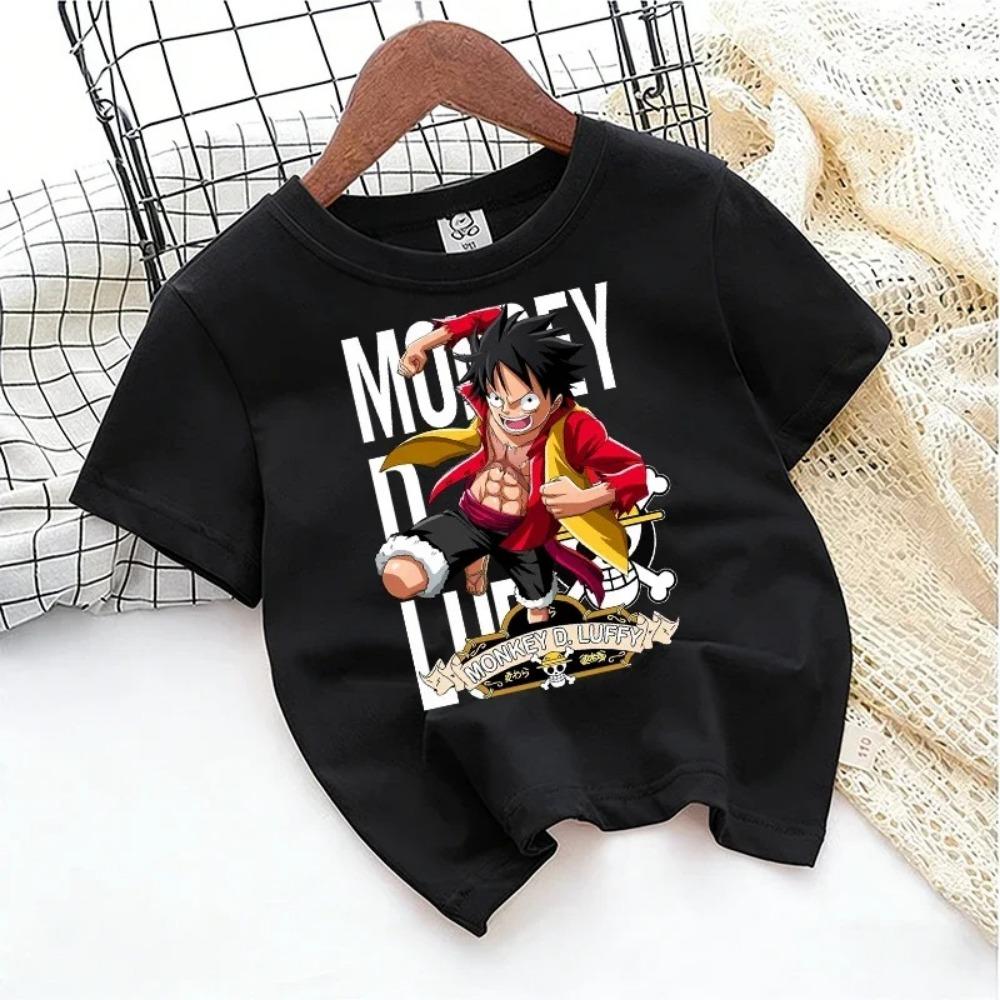 One Piece Anime Children's T-shirt Zoro Luffy Cartoon Print Pure Cotton T-shirt Street Casual Short-sleeved Kids Clothing Top