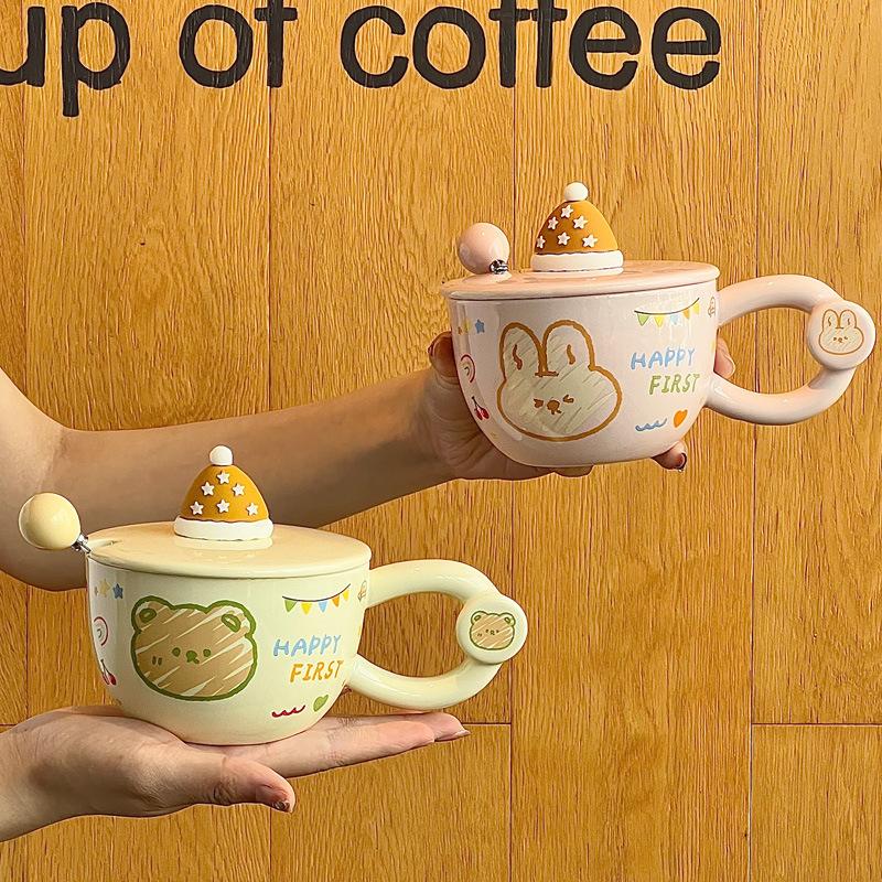 Gebt Mädchen Geburtstagsgeschenke, Cartoon-Hasenbecher, hochwertige Keramiktassen mit Deckel und Löffel und Geschenkboxen.