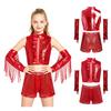 Conjunto de Rendimiento de Baile para Niñas Top Corto Metálico de Lentejuelas Pantalones Cortos de Cintura Alta y Guantes con Borlas para Espectáculo en Escenario Recital Fiesta