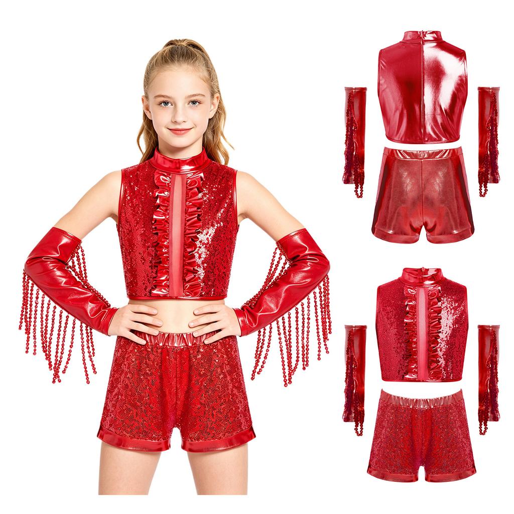 Conjunto de Rendimiento de Baile para Niñas Top Corto Metálico de Lentejuelas Pantalones Cortos de Cintura Alta y Guantes con Borlas para Espectáculo en Escenario Recital Fiesta