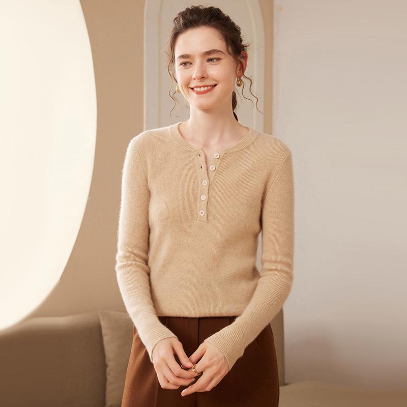 Women's Cashmere Knit Slimming Sweater: French Style, Button-Up, Half-Open Collar, Long Sleeve, Round Neck, Warm Base Layer for Autumn/Winter.