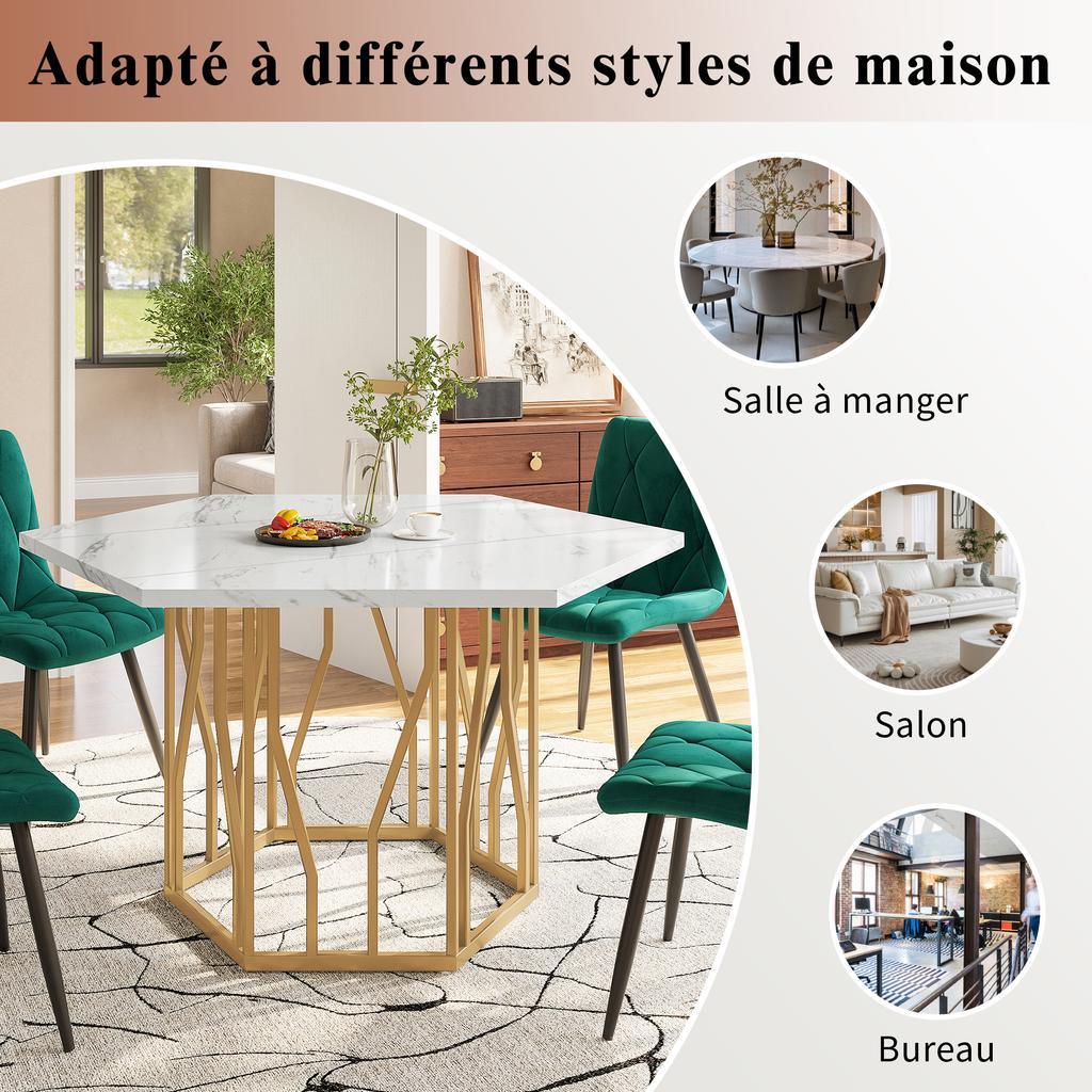 Dining Table and Chair Set (5-Piece Set), Modern Hexagonal Marble Table + 4 Chairs Made of Green Velvet, To Create Warm Restaurant, Gold Table Legs