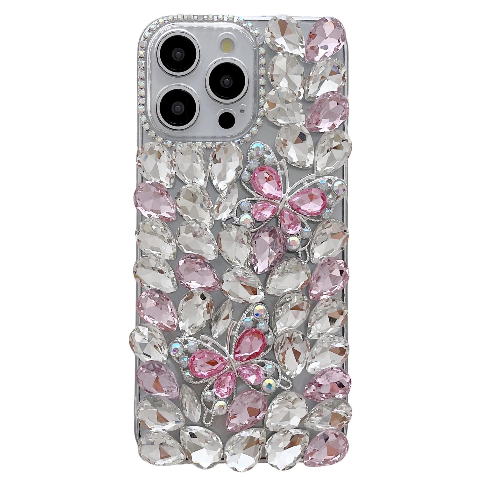 

For iPhone 15 Pro Max Case Glass Rhinestone Two Butterfly Decor TPU Phone Back Cover Pink