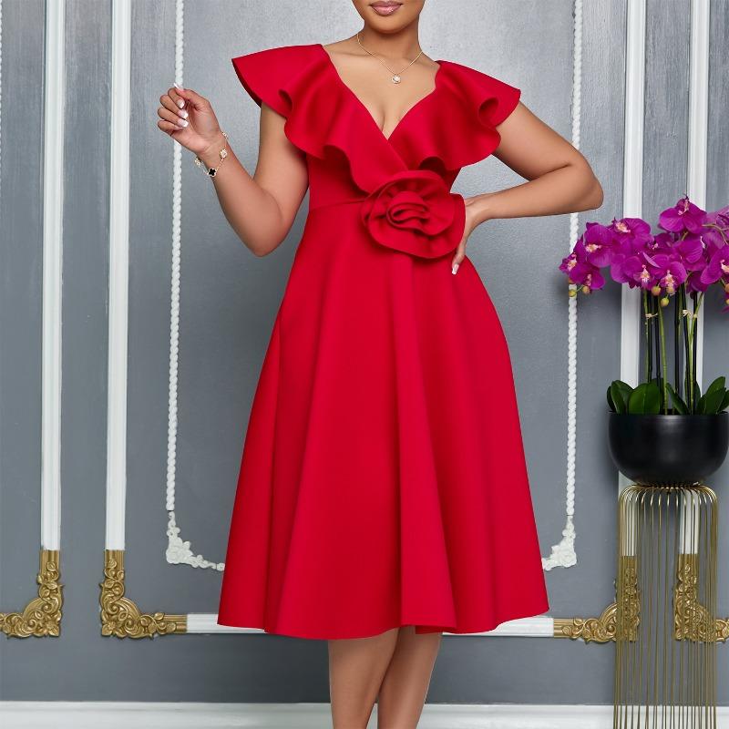 

Women s V-neck Ruffled Floral Fashion Party Dress XXL синій