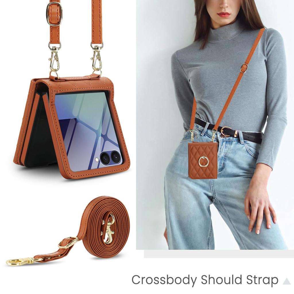 Luxury Crossbody Ring Holder Cards Solt Wallet Flip Leather Phone Case For Samsung Galaxy Z Flip 7 6 5 4 3 Long Lanyard Cover