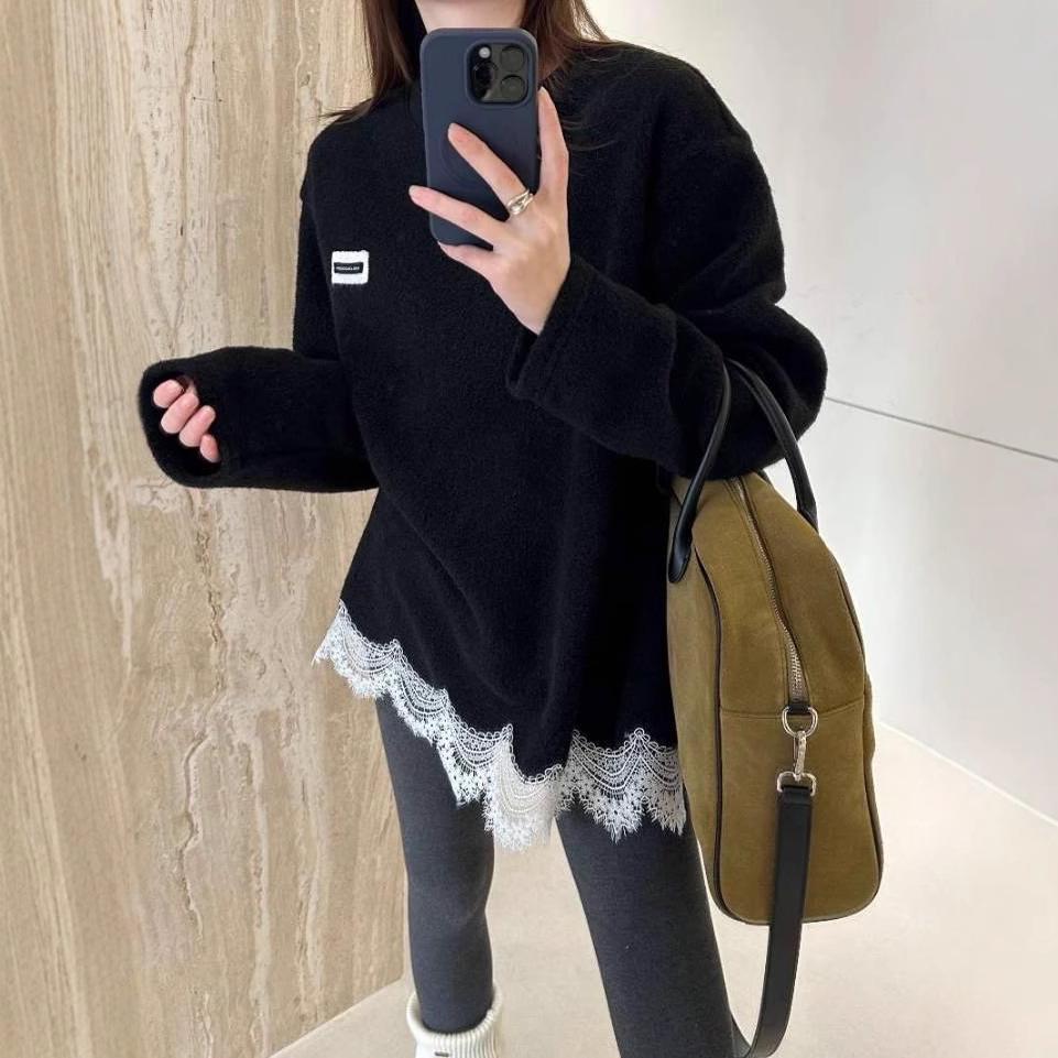 Korean Style Lace Patchwork Loose Sweater - Women's 2025 Winter Collection