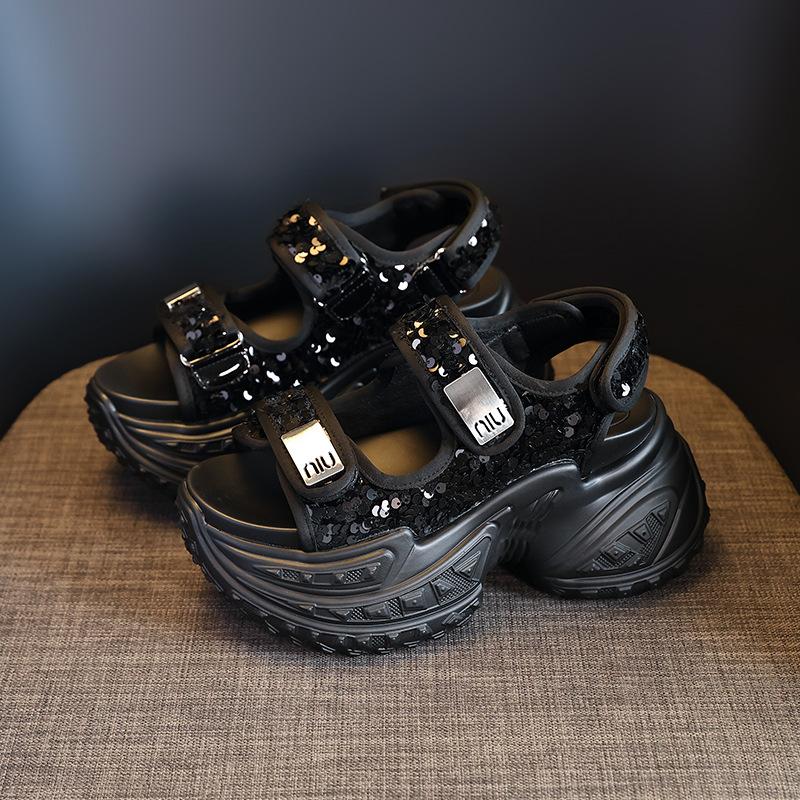 

High quality 8cm Air Mesh Synthetic Genuine Leather Bling Chunky Sneakers 2025 Summer Women Vulcanize Platform Wedge Comfy Shoes 34 чёрный