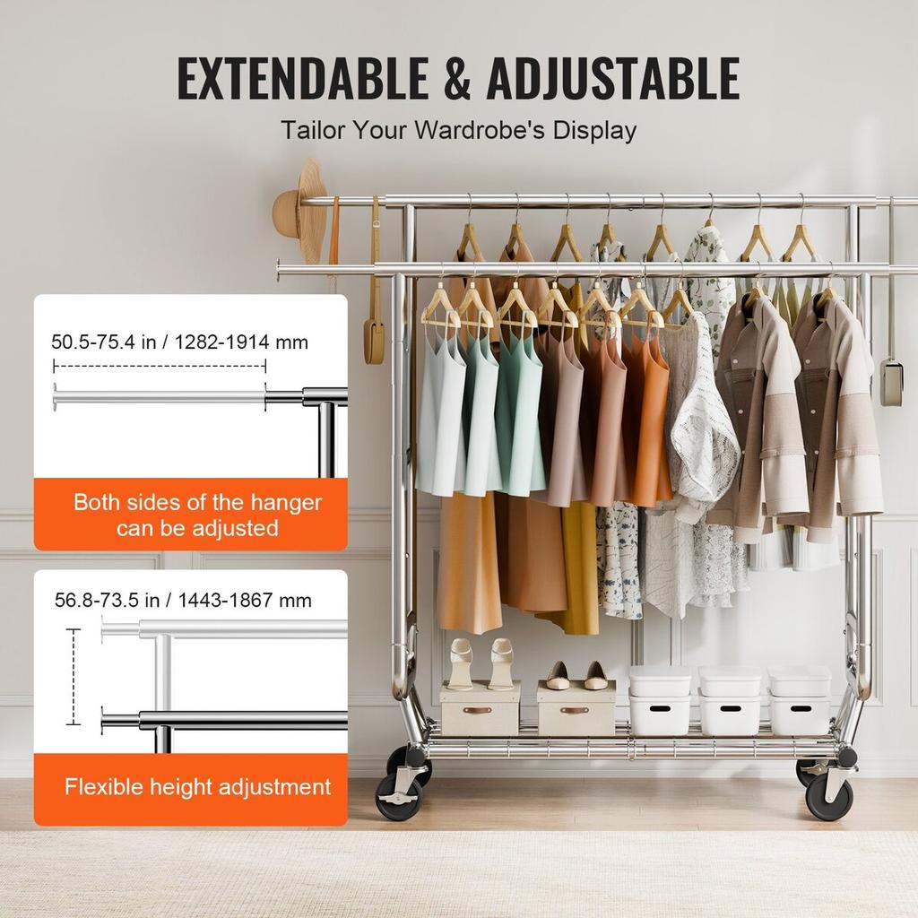 Heavy Duty Clothes Rack, Double Hanging Rod Clothing Garment Rack for Hanging Clothes, Adjustable Height and Extendable Length Clothing Rack with
