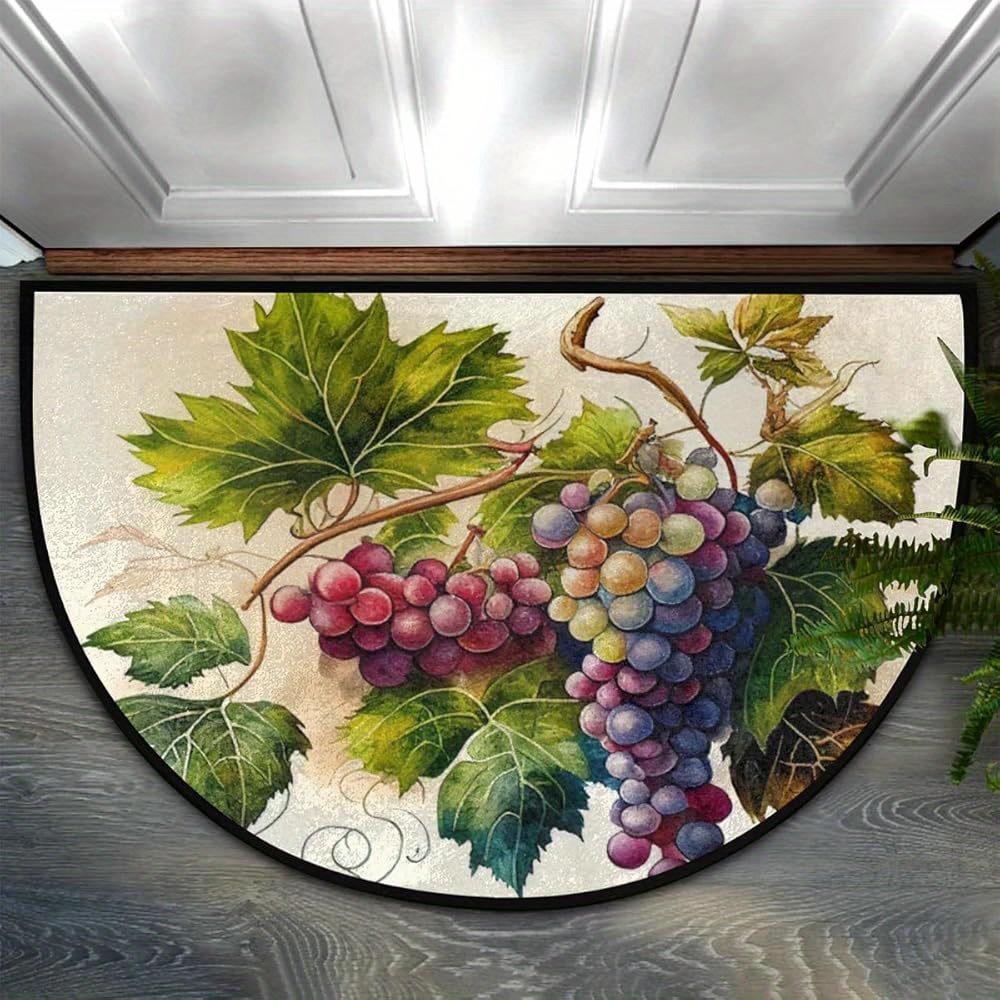 Vineyard Grapes Half Round Rug Realistic Bunches Green Leaves Vintage Illustration Rustic Entry Mat
