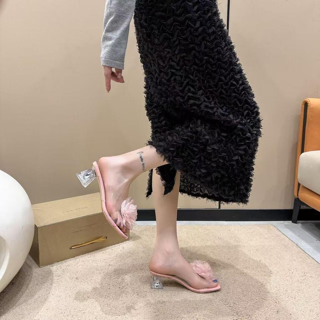 2025 new square head open-toed outer wear fairy flower summer fashion slippers crystal sandals word with super fairy