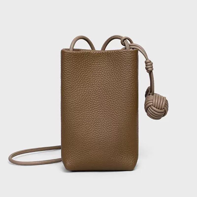 Women Crossbody Mobile Phone Bag Street With Literary Mini Artistic Small Round Ball Pendant Super Soft Leather Cute