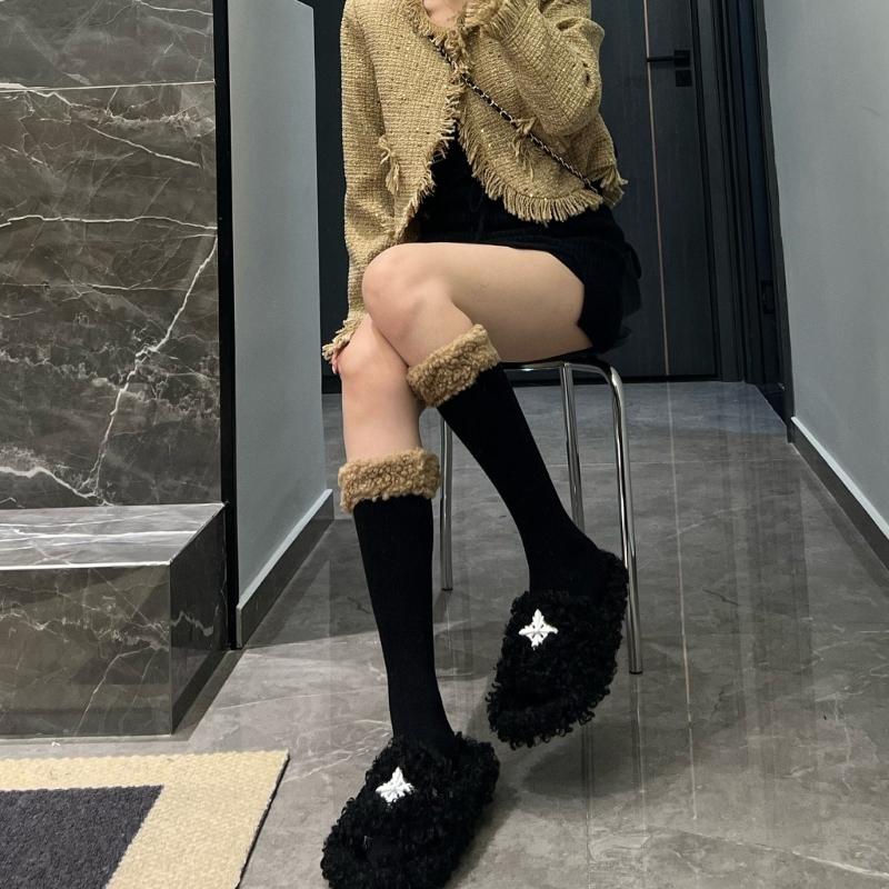 Women Winter Calf Length Boots Socks Japanese Style Cute Faux Lamb Wool Furry Trim Pompom Bowknot Stockings Leg Warmer
