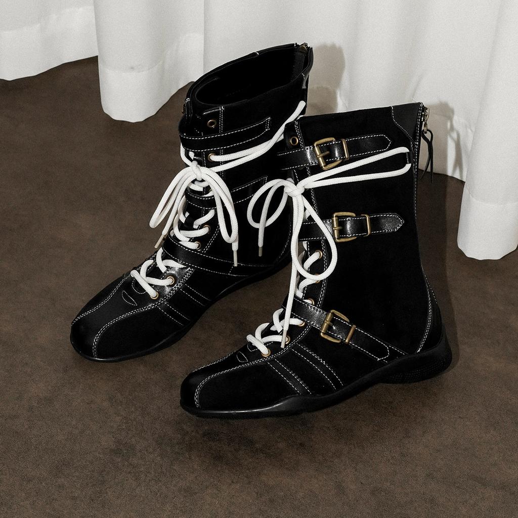 Sheepskin Version~ Retro Splicing Suede Boxing Boots Women's Fashion Niche Belt Buckle Lace-up Rear Zipper Martin Boots