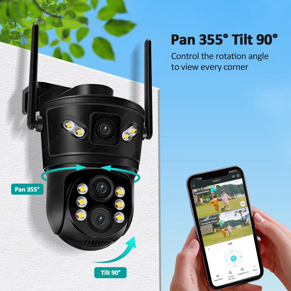 6K 12MP WiFi IP Outdoor Three Lens 10X Zoom PTZ Auto Tracking Home Security Protection 4K Video Camera