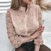 Women Shirt Blouse Lace Patchwork Solid Color Buttons Fashion Daily Wear Popular