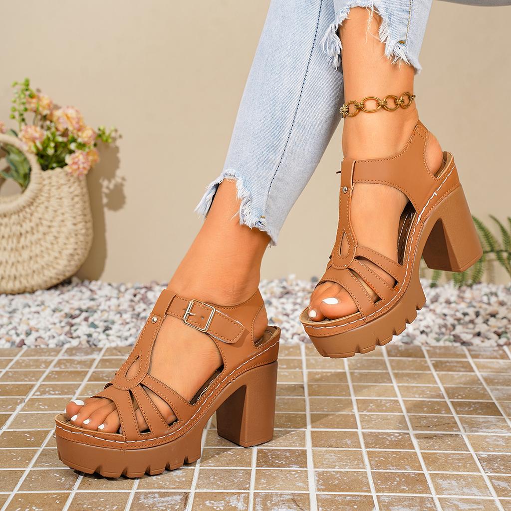 Ethnic Style Roman Car Line Sandals Summer T-heels With Casual European And American Thick Heels Women's High Heels