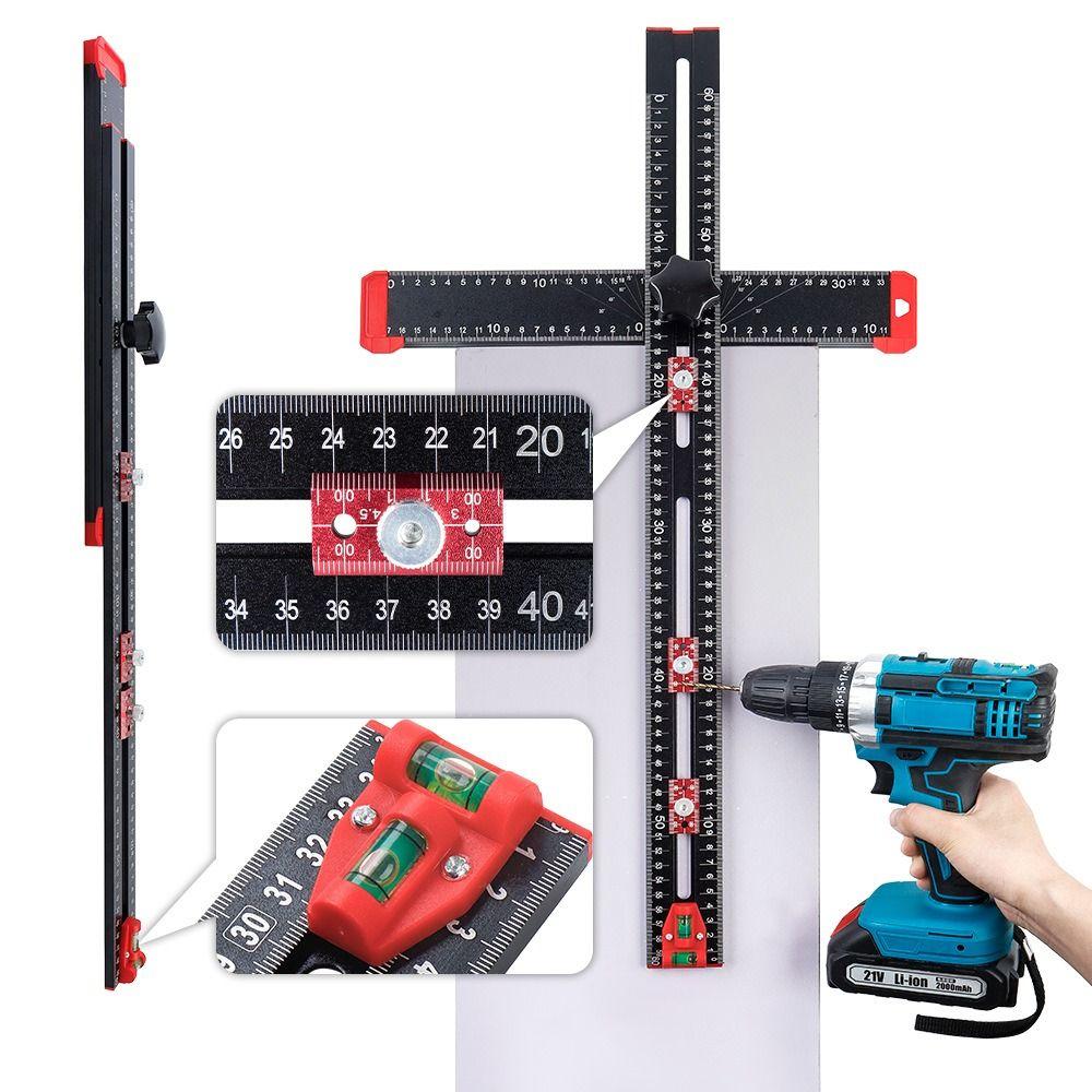 T-Square Ruler Drill Locator DIY Tools Adjustable Angle Cabinet Hardware Jig Built-in Bubble Level 2in1 Woodworking Tools