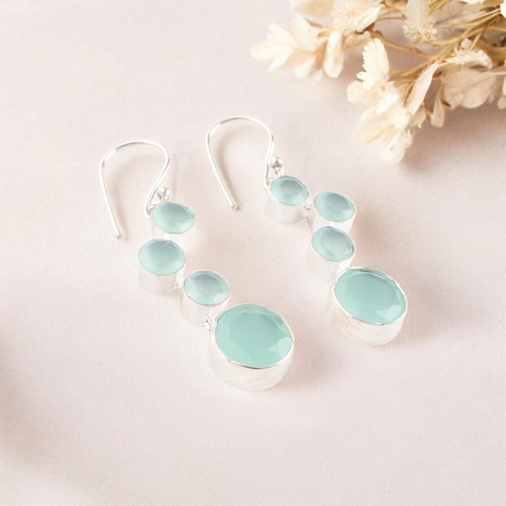 Aqua Chalcedony Gemstone Dangle Earrings 925 Sterling Silver Handcrafted Jewelry EE-161-18